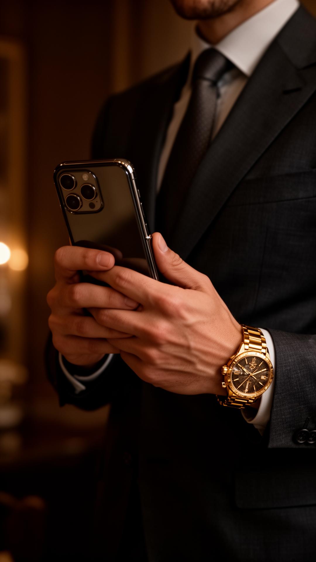 Executivo com smartphone premium acessando catálogo Brazi